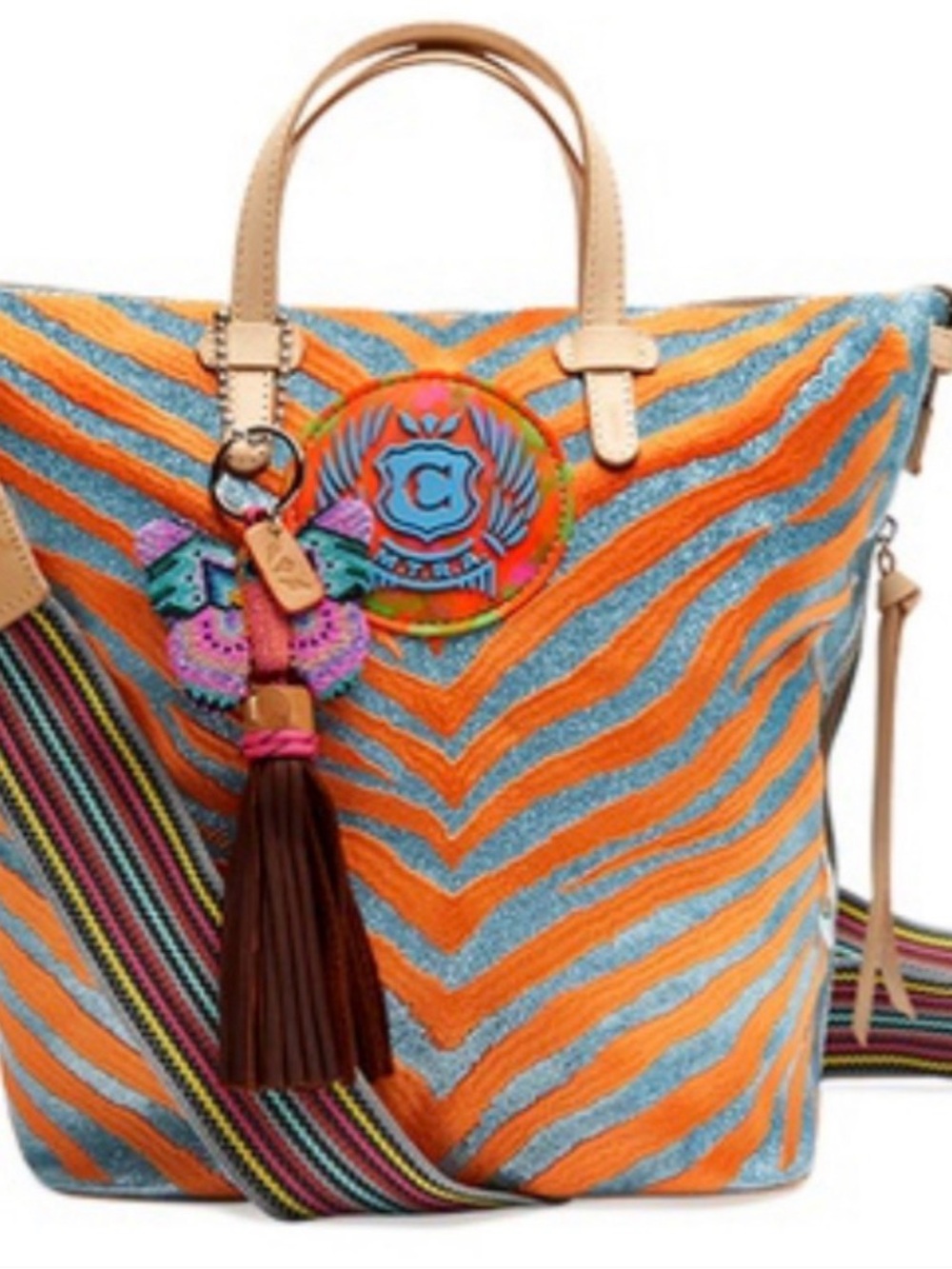 SUPER RARE FIND-Colorful Stripe Tote Bag with Tassel Charm - Orange & Blue